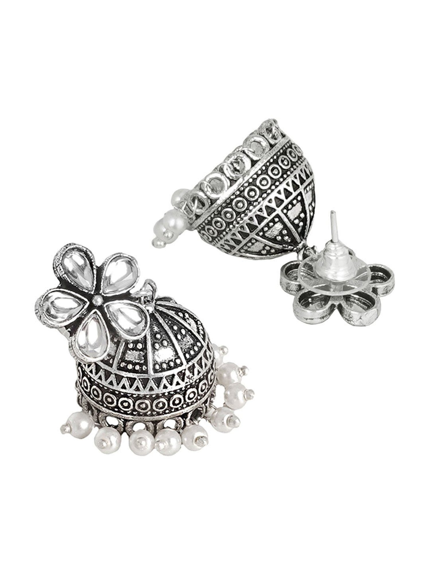 Teejh Luminous Polki Silver Oxidized Pearl Jhumki Earrings