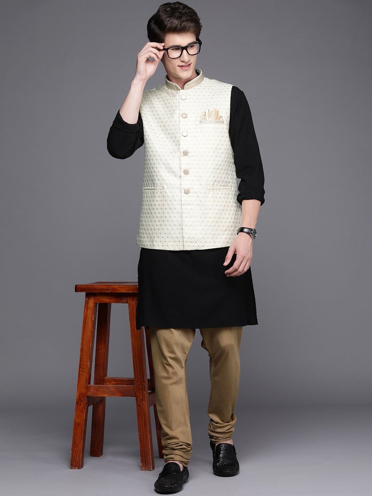 Manyavar Beige Regular Fit Self Design Nehru Jacket