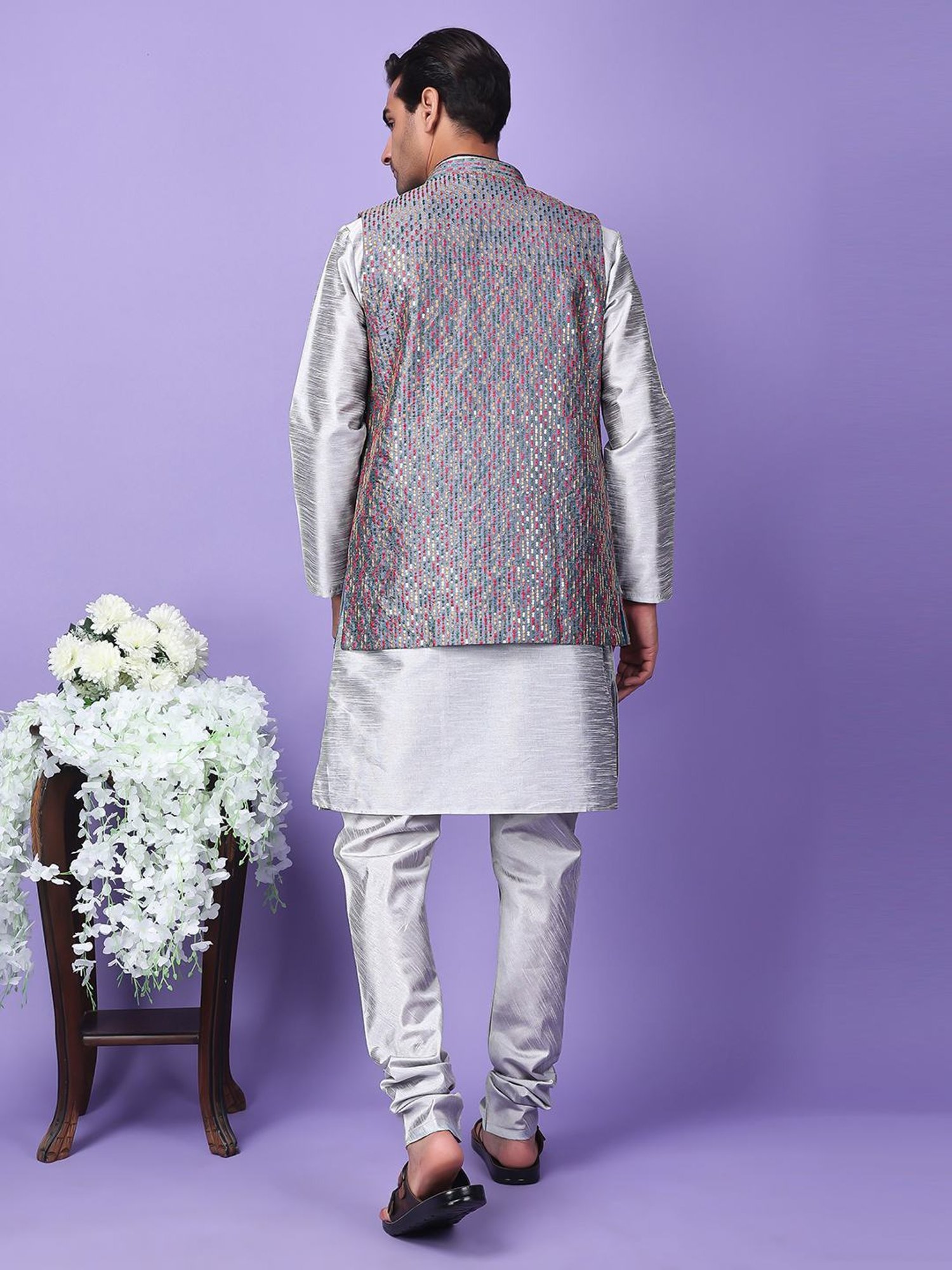 Hangup Grey Regular Fit Embroidered Kurta Set With Jacket