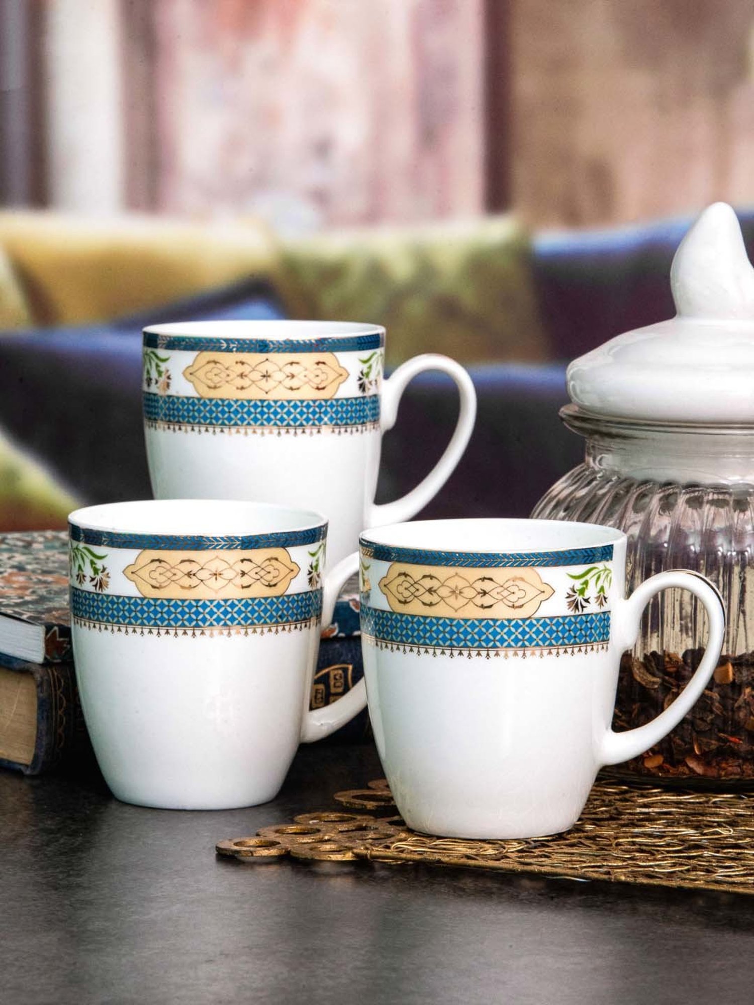 SONAKI White & Blue Bone China Tea Coffee Mug With Gold Printing - Set of 6