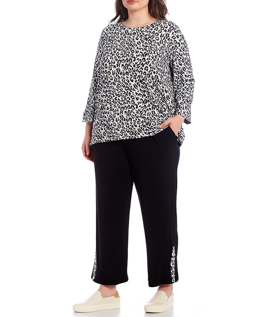 Ali Miles Plus Size Leopard Print French Baby Terry Grommet Pull On Drawstring Pants