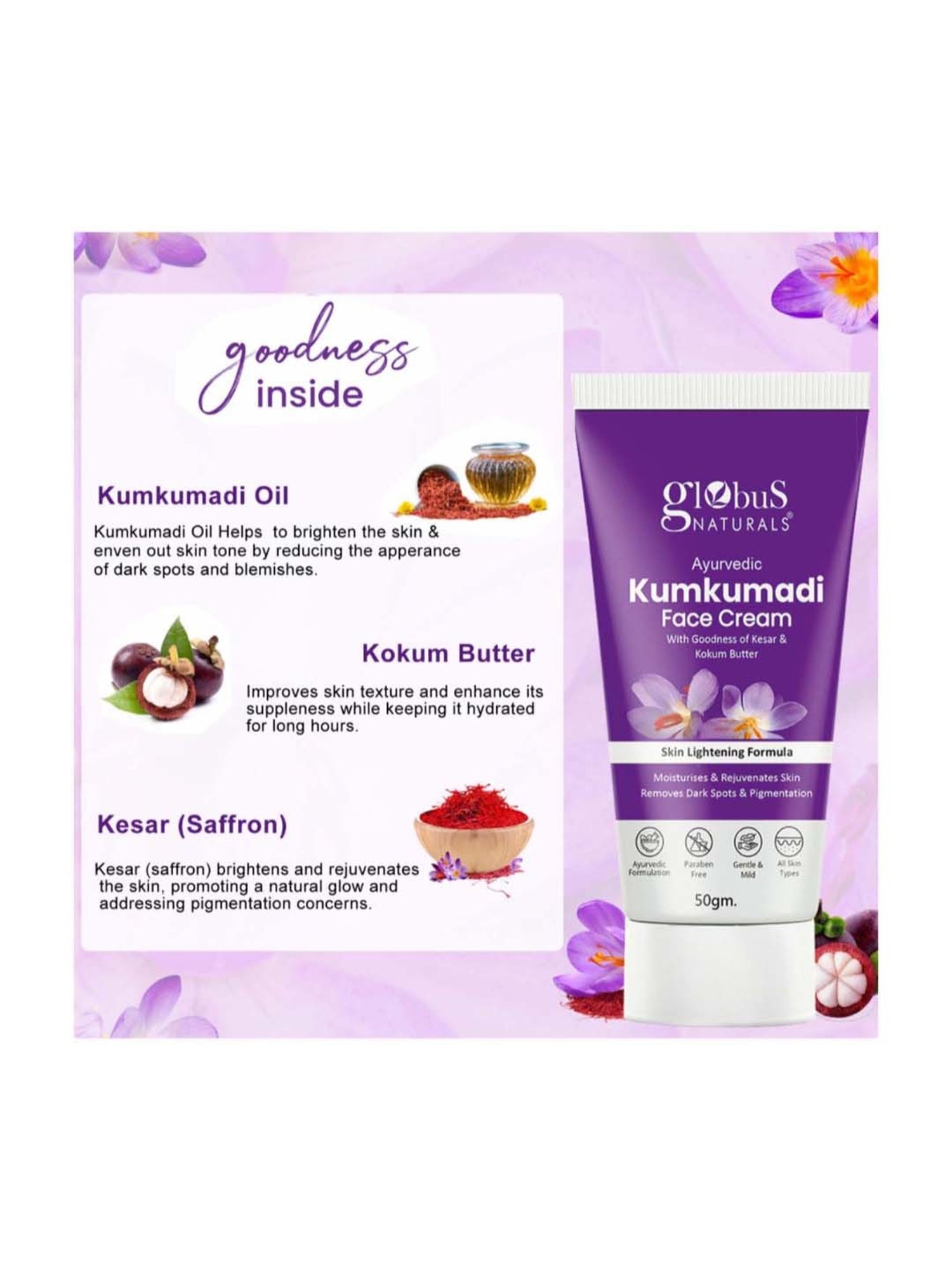 Globus Naturals Ayurvedic Kumkumadi Skin Lightening Face Cream - 50 gm
