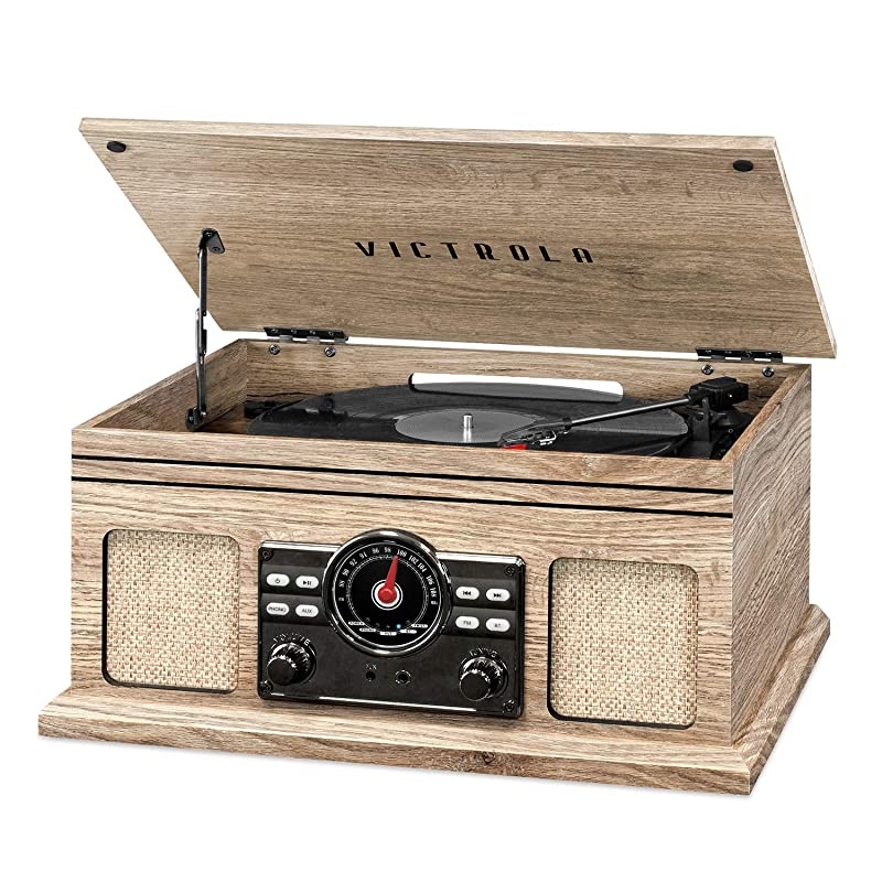4-in-1 Nostalgic Bluetooth Record Player with 3-Speed Record Turntable and FM Radio, Farmhouse Oatmeal
