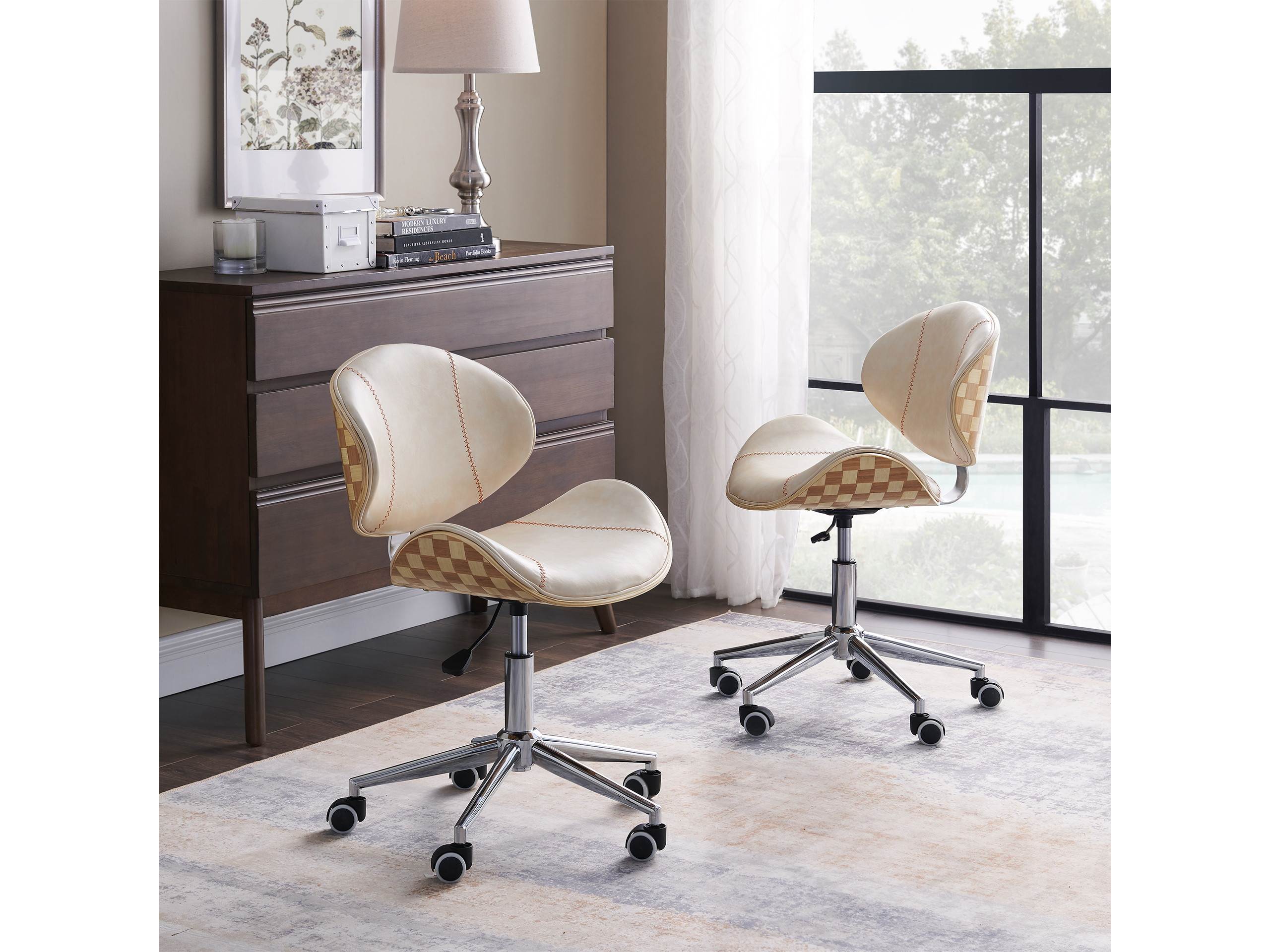 Art-Leon Faux Leather Upholstery Swivel Accent Home Office Desk Chair with 5 Casters and Unique Chess-Board Back Deco