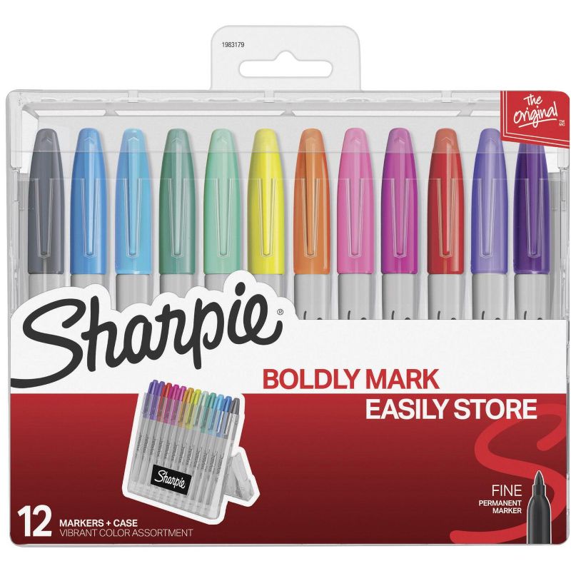 Sharpie Fine Permanent Markers with Hard Case, Vibrant Colors Assorted set of 12
