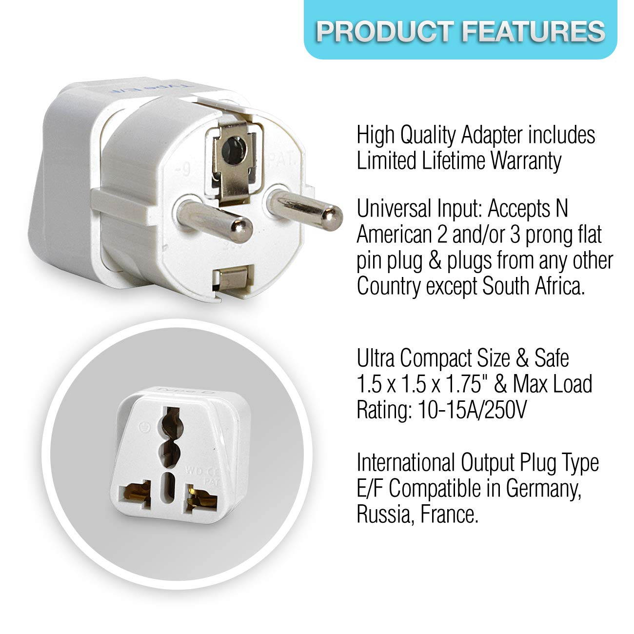 Ceptics Europe, Germany, France (Schuko) Travel Plug Adapter (Type E/F), Universal Socket Plug Accepts Plugs From any Country, Perfect for Cell Phones, Laptops, Chargers and More - 3 Pack (GP-9)