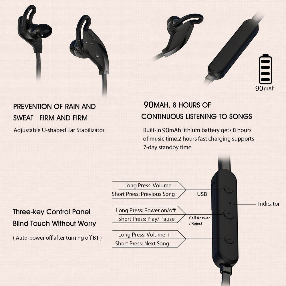 Andoer D1 Wireless BT Earphones PK BeatsX Wireless Sport Running Headphones BT5.0 8 Hours Playtime Richer Bass HD Stereo Magnetic Noise Cancelling Earbuds Hands Free Call Headset with Mic Compatible W