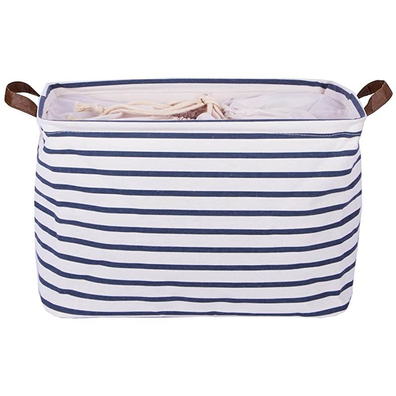 15Inches Large Storage Basket Available 15 and 17 InchesWidth Drawstring Square Cotton Linen Collapsible Toy Basket Navy Blue M