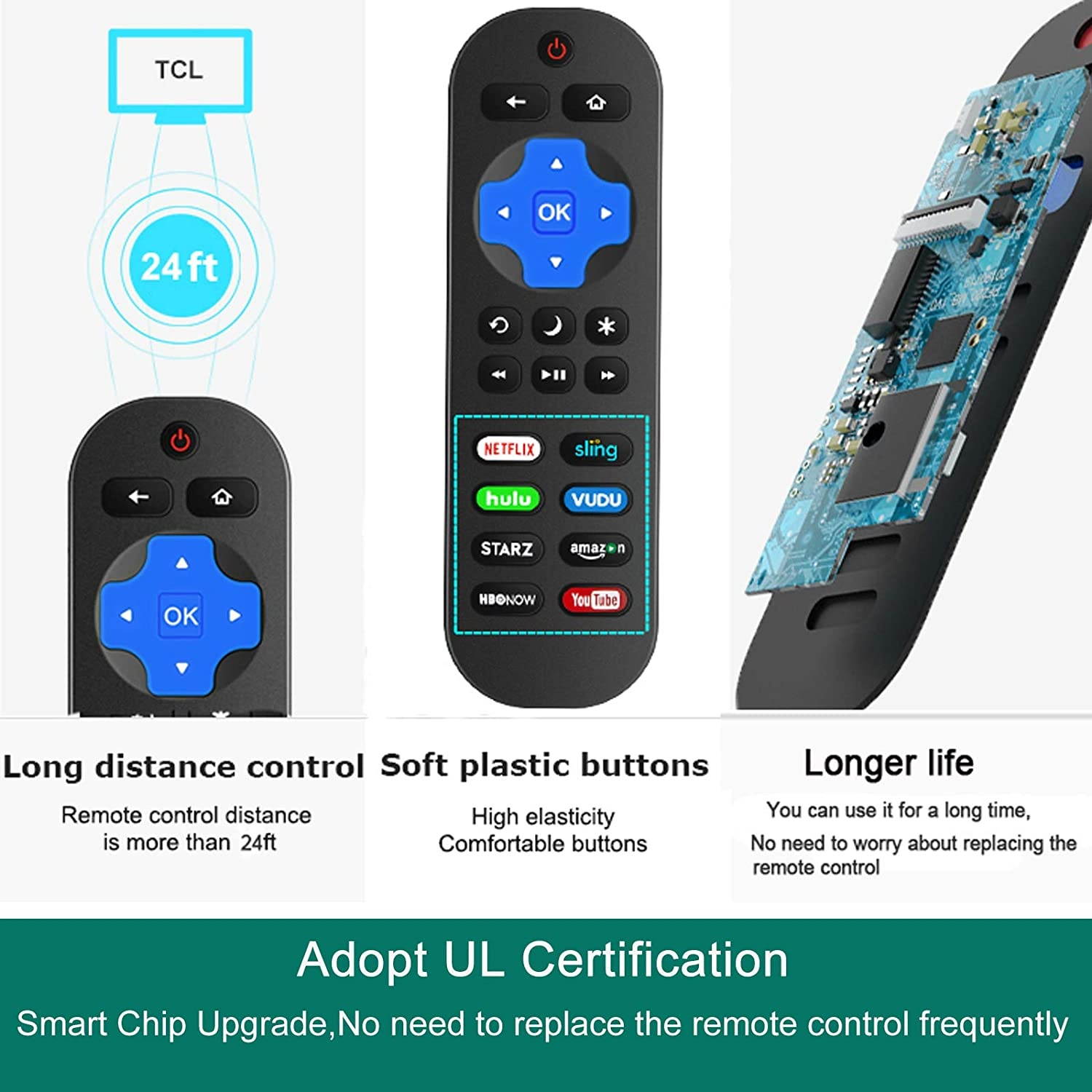 Motiexic Universal Remote Control Compatible with All TCL Roku TV, 2020 Update Version with 8 Channel Shortcut Keys, 50S425 40S325 43S425 65S425 32S30132S325 65S405 32S305 ect. (Included Battery)