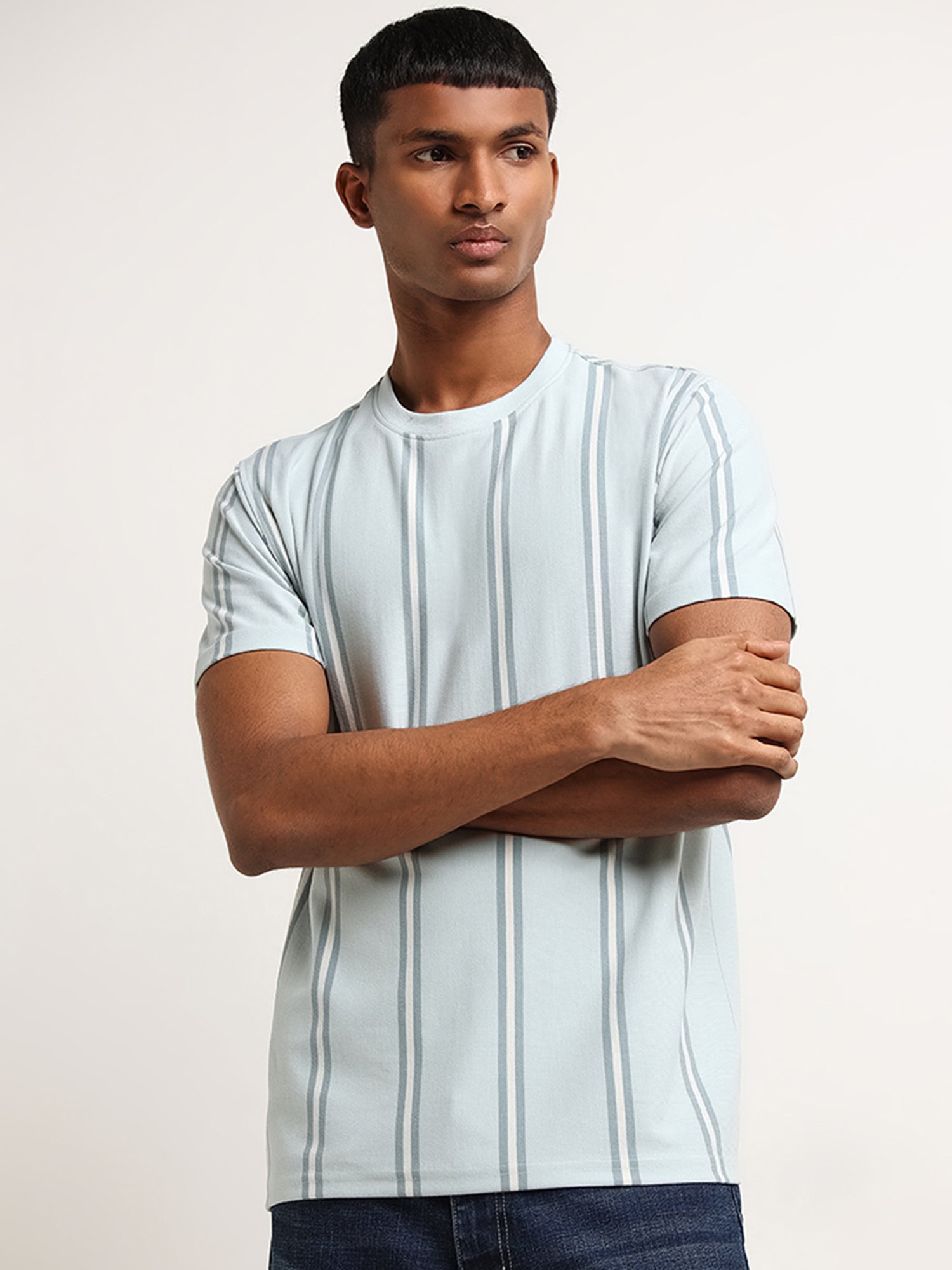 Nuon by Westside Blue Slim Fit Striped T-Shirt