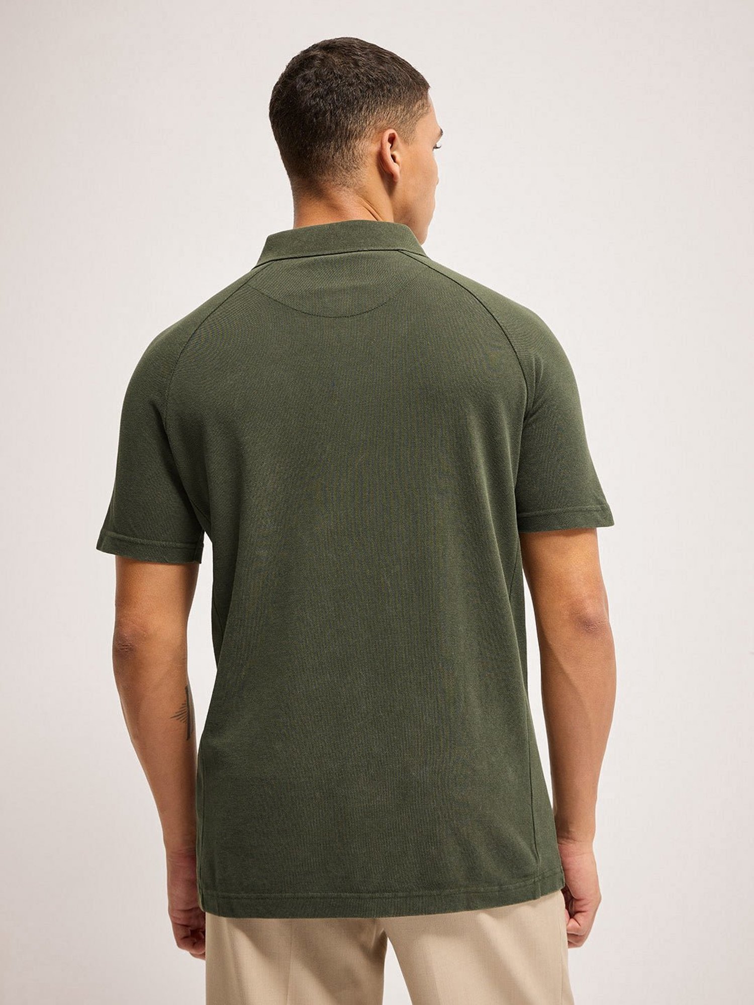 The Bear House Green Cotton Regular Fit Self Pattern Polo T-Shirt