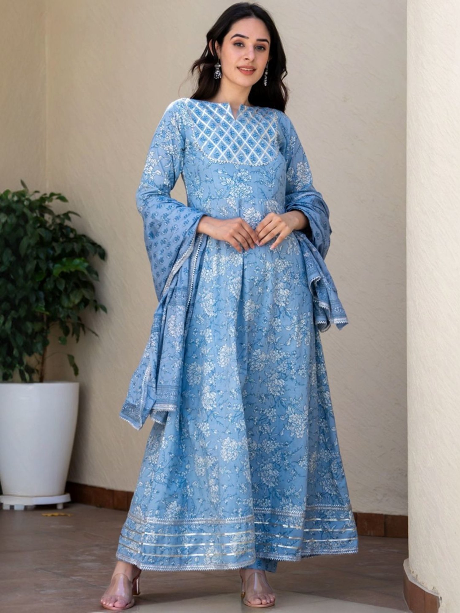 HOUSE OF JAMOTI Grey Cotton Printed A Line Kurta With Dupatta