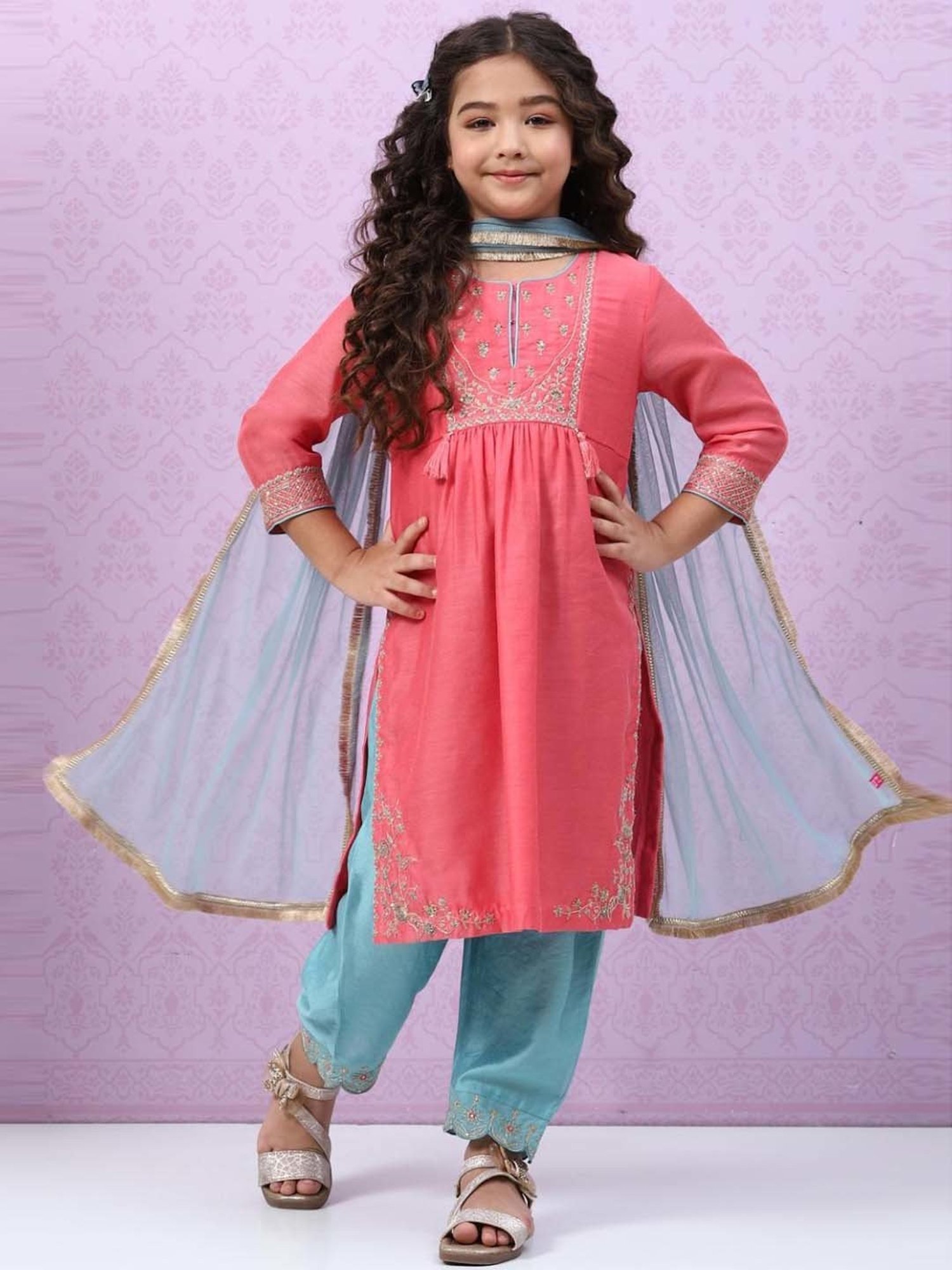 Biba Kids Peach & Blue Embroidered Kurta Set