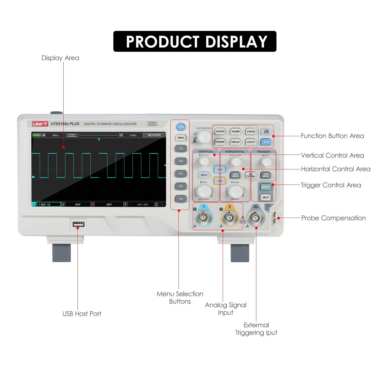 UNI-T 2-CH Digital Oscilloscope with 7-inch LCD Display Scopemeter with 100MHz Bandwidth 2 Channels 500MS/S Real Time Sample Rate 64kpts Depth Storage US Plug