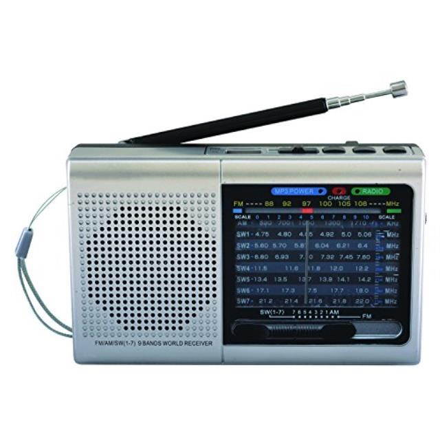 Supersonic SC-1080BT- SLV 9-Band Rechargeable Bluetooth Radio with USB/SD Card Input (Silver)