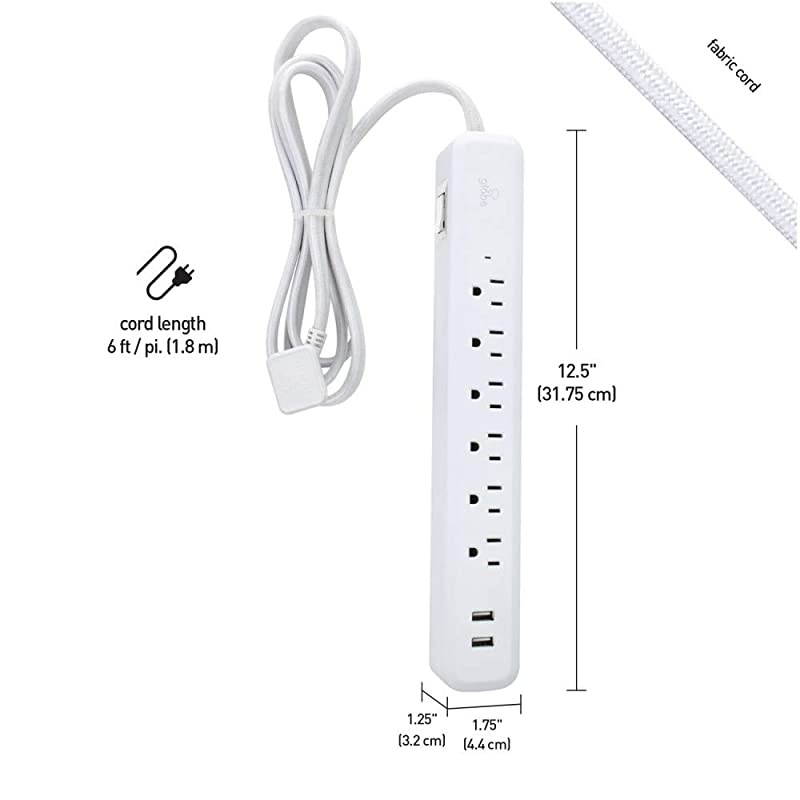 Designer Series 6ft 6-Outlet Power Strip, 2X USB Ports (5V/3.1A), Surge Protector, Right Angle Plug, Circuit Breaker Switch, White Finish, Silver Fabric Cord 78361, 2 Ft