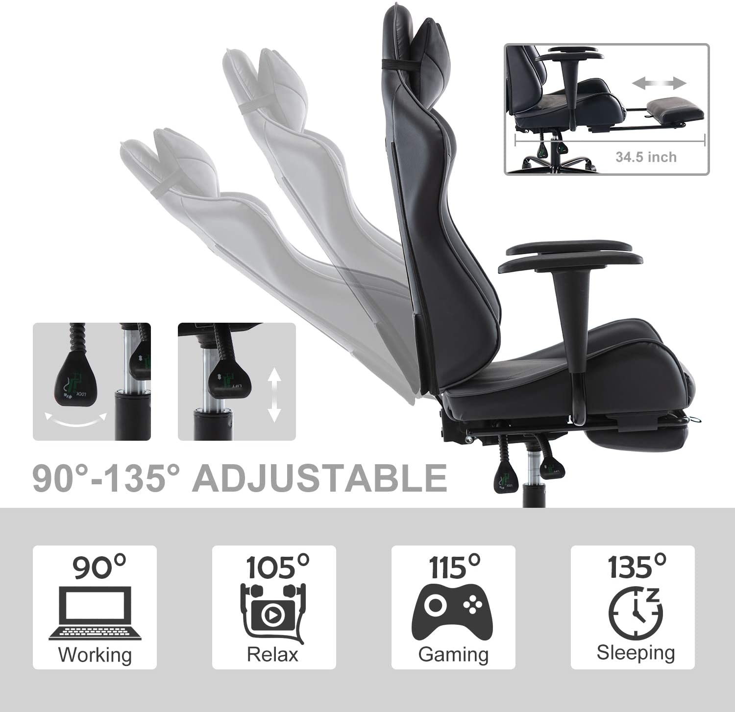 SMUGDESK Gaming Chair with Footrest Racing Style Recliner with Lumbar Support, Ergonomic Office Armchair for Computer PU Leather High Back Desk Chair Headrest Swivel Rocking Desk Chair, Blue