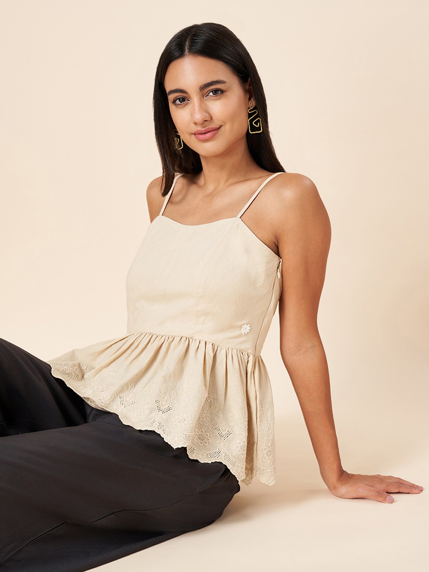 Akkriti by Pantaloons Beige Cotton Embroidered Top