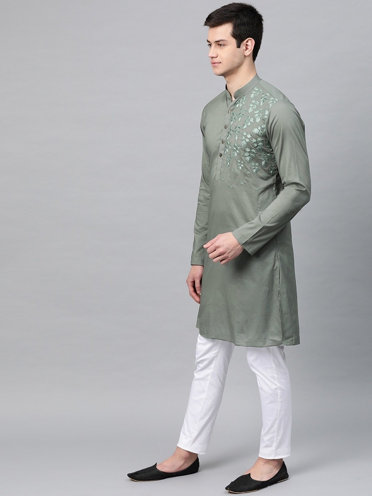 See Designs Olive & White Cotton Regular Fit Embroidered Kurta Bottom Set