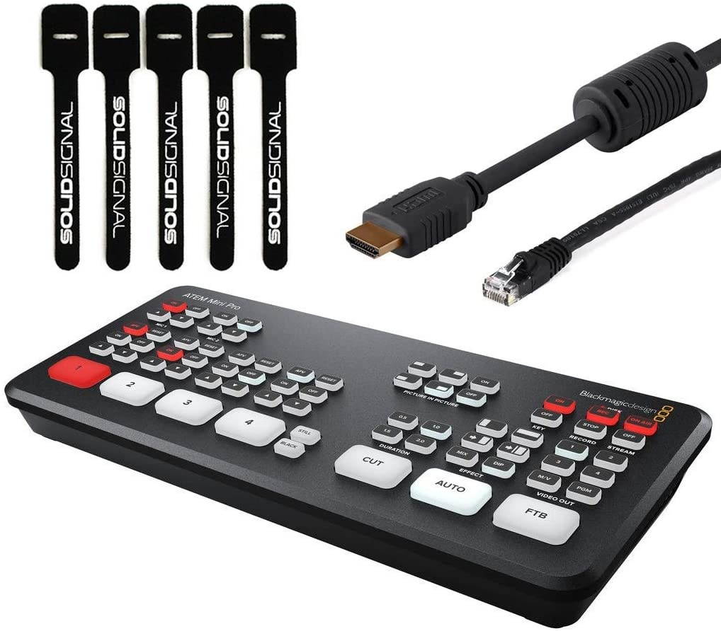 Blackmagic Design ATEM Mini Pro HDMI Live Stream Switcher Starter Bundle with 6&rsquo; HDMI Cable, 7&rsquo; Cat5e Cable, and 5-Pack of Solid Signal Cable Ties (SWATEMMINIBPR)