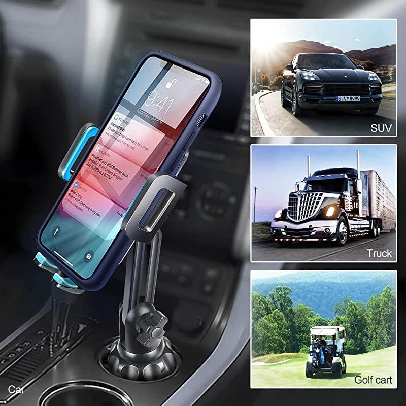 Adjustable Pole Automobile Cup Holder Smart Phone Cradle Car Mount for iPhone 11 Pro/XR/XS Max/X/8/7 Plus/6s/Samsung S10 /Note 9/S8 Plus/S7 Edge(Blue)