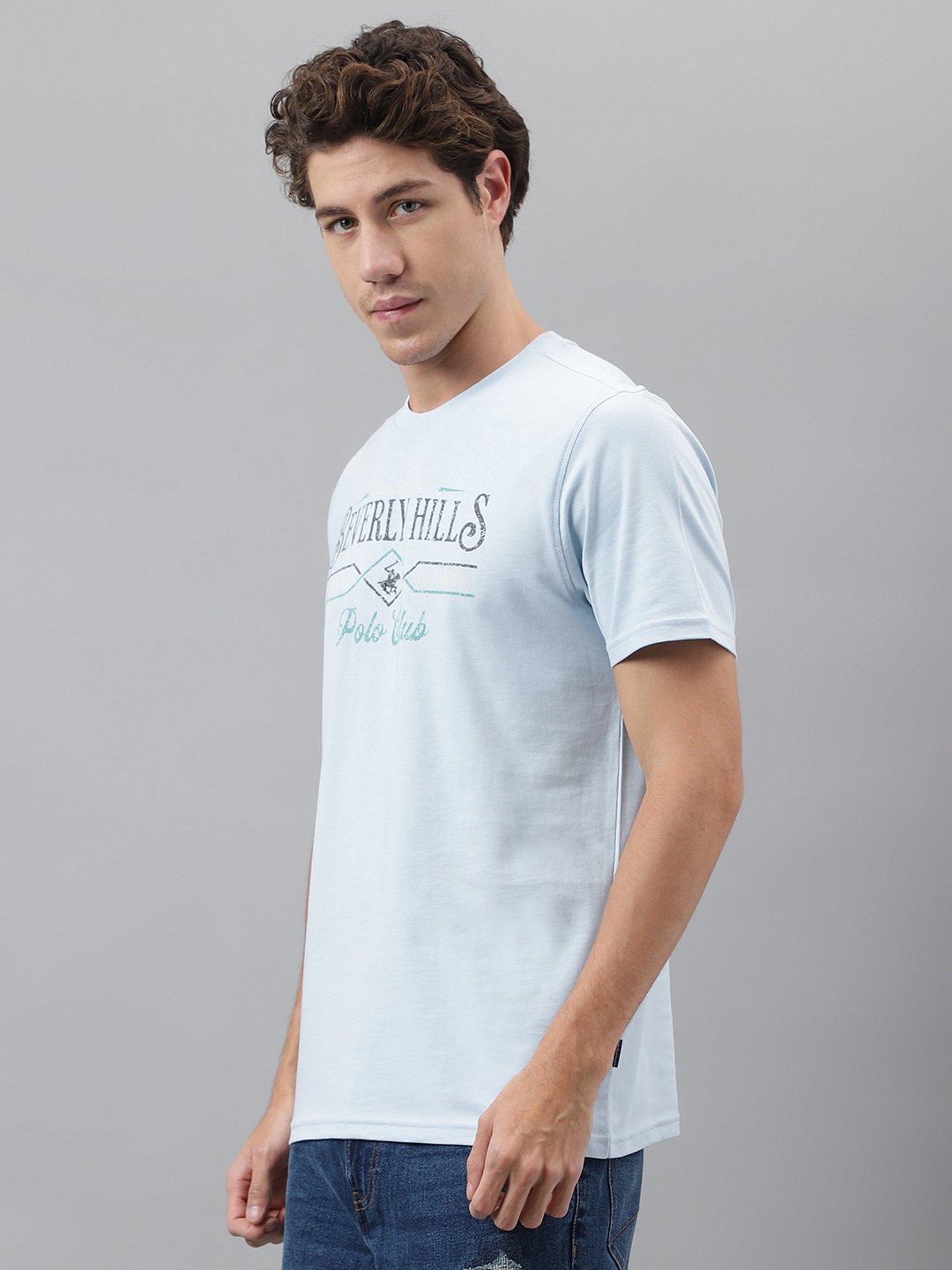 Beverly Hills Polo Club Light Blue Regular Fit Printed Cotton Crew T-Shirt