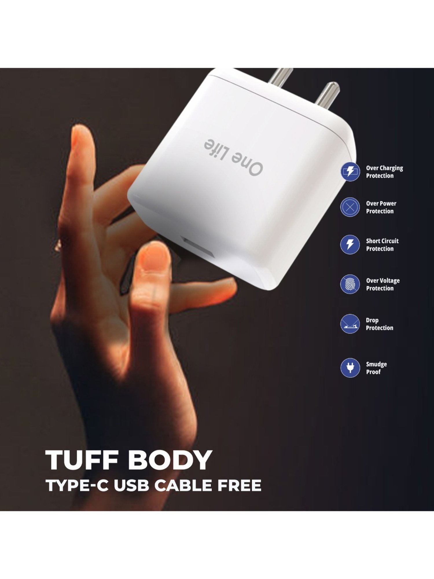 One Life OLCH-17 33W Single Port USB Fast Wall Charger Adapter with 1 m Type C Cable (White)