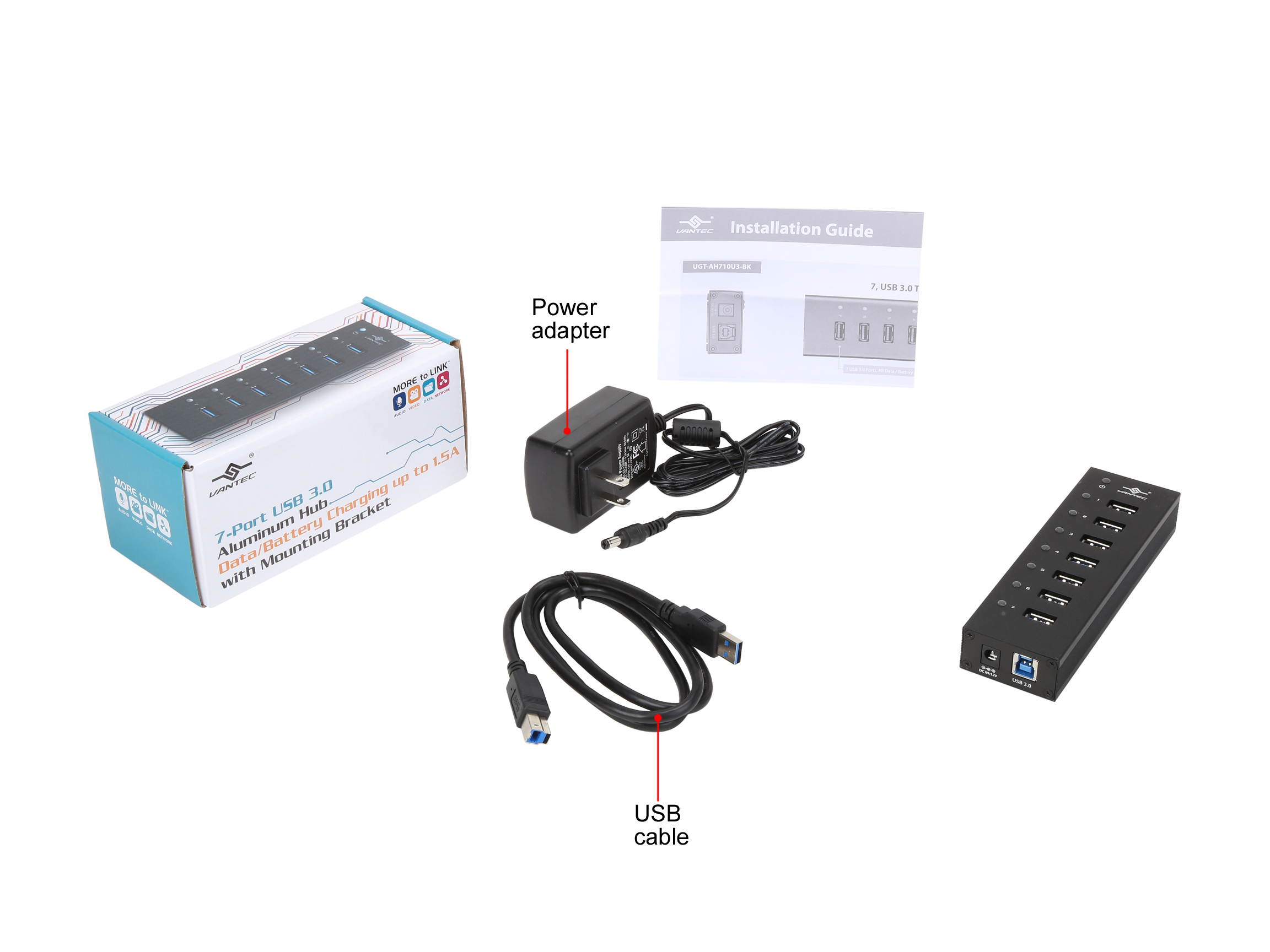 VANTEC UGT-AH710U3-BK 7-Port USB 3.0 Aluminum Hub with 12V/3A Premium Power Adapter