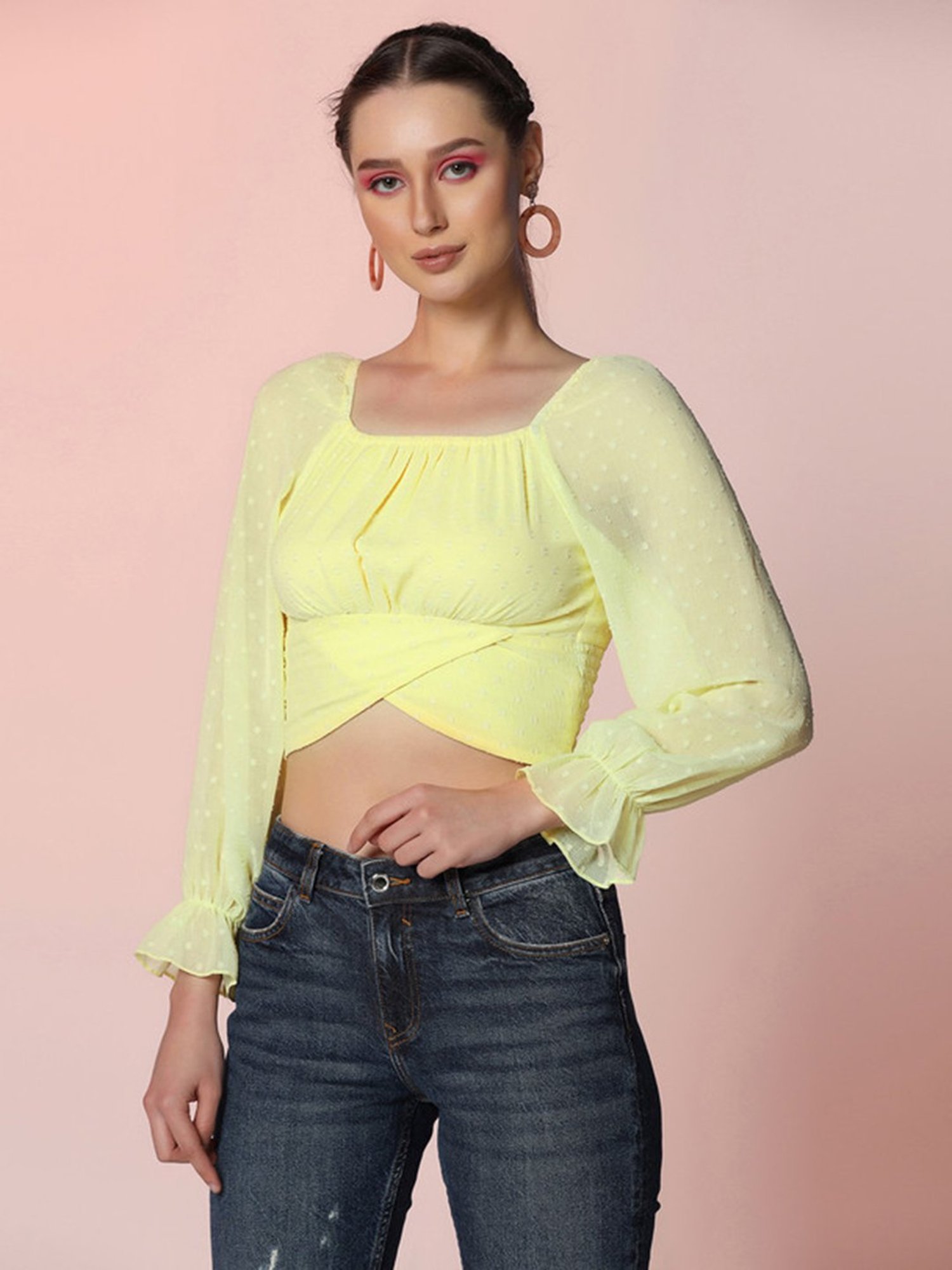 SELVIA Light Yellow Self Design Crop Top