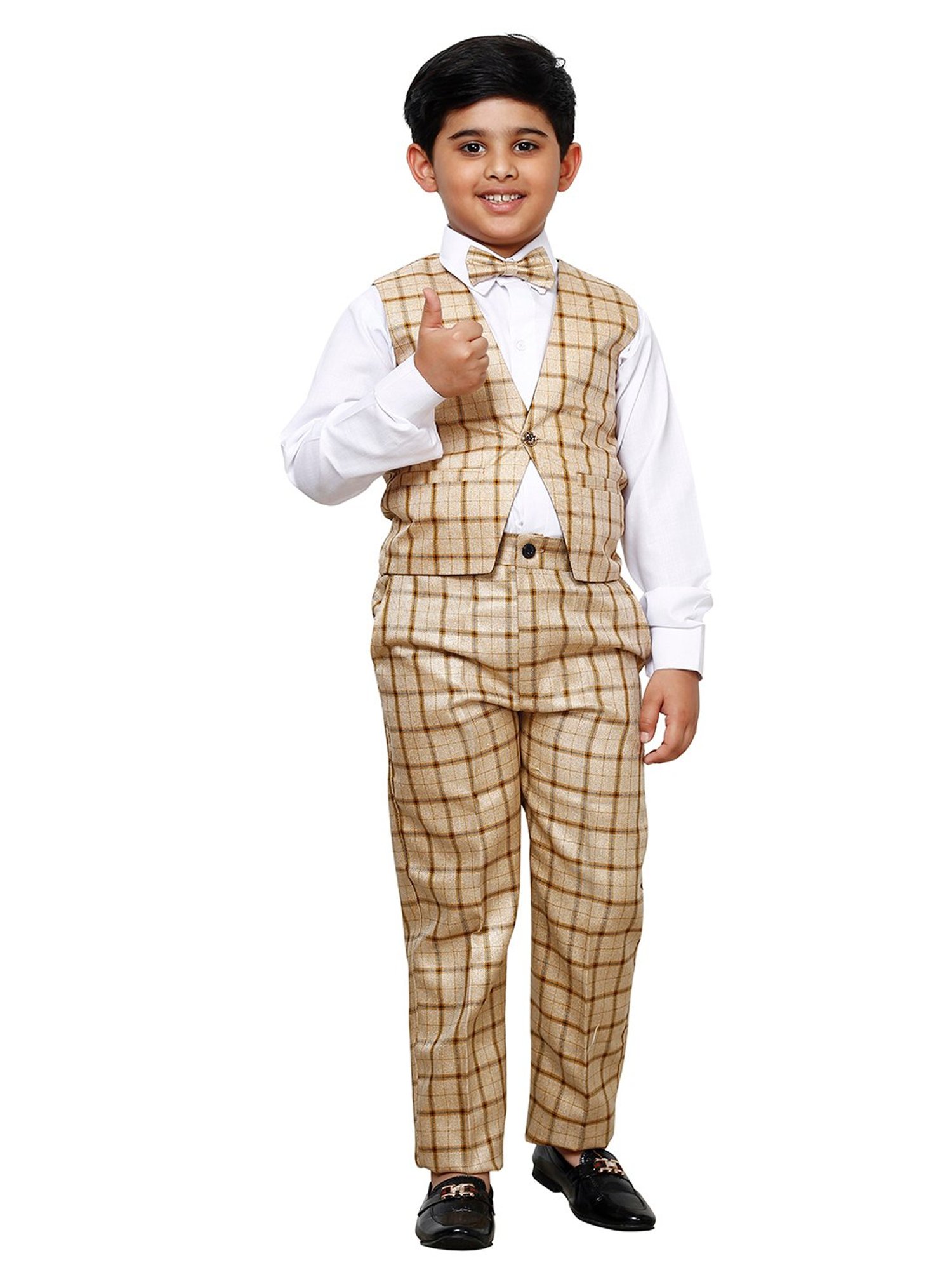 Pro-Ethic Style Developer Kids Beige & White Checks Full Sleeves Shirt, Waistcoat, Pants with Bow