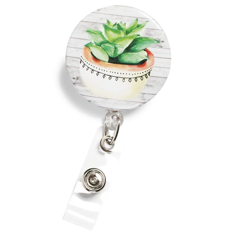 6-Count Retractable Badge Holders with Carabiner Reel Clip for ID/ Name Tag/ Key Card, Green Succulent