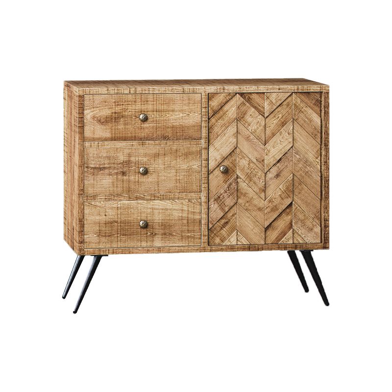 Mindful Living Rustic Farmhouse Mid Century Modern Fusion 3 Drawer Mango Wood Top & Iron Hairpin Legs Chevron Pattern China Cabinet Buffet Sideboard
