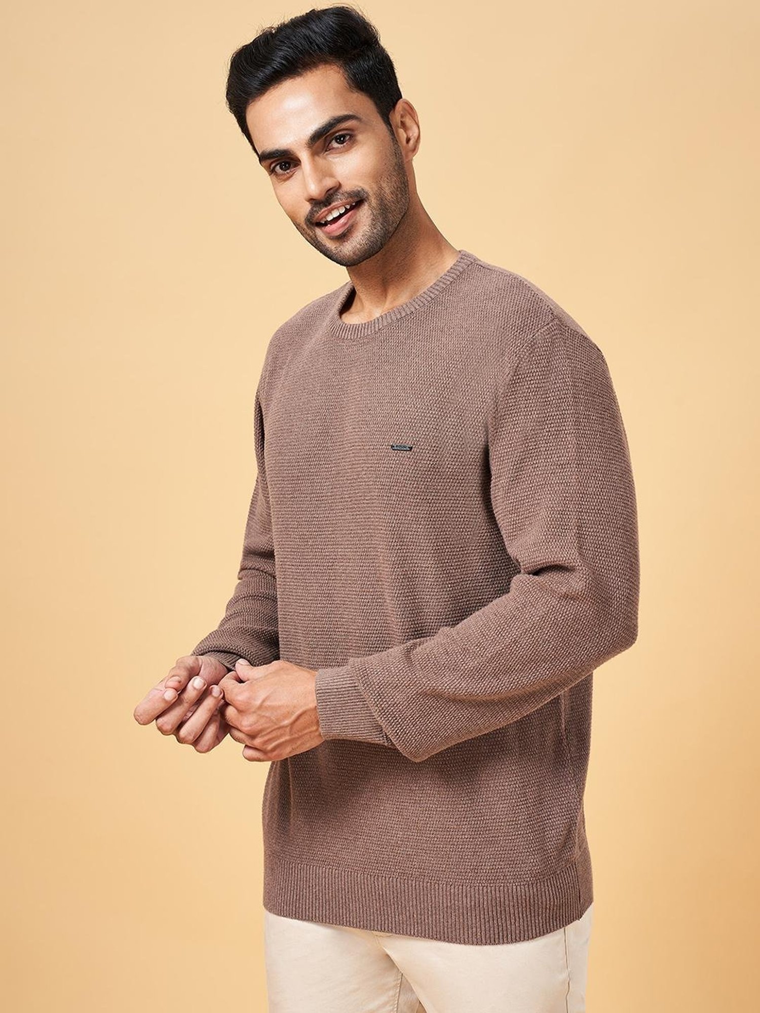 Byford by Pantaloons Brown Cotton Slim Fit Sweater