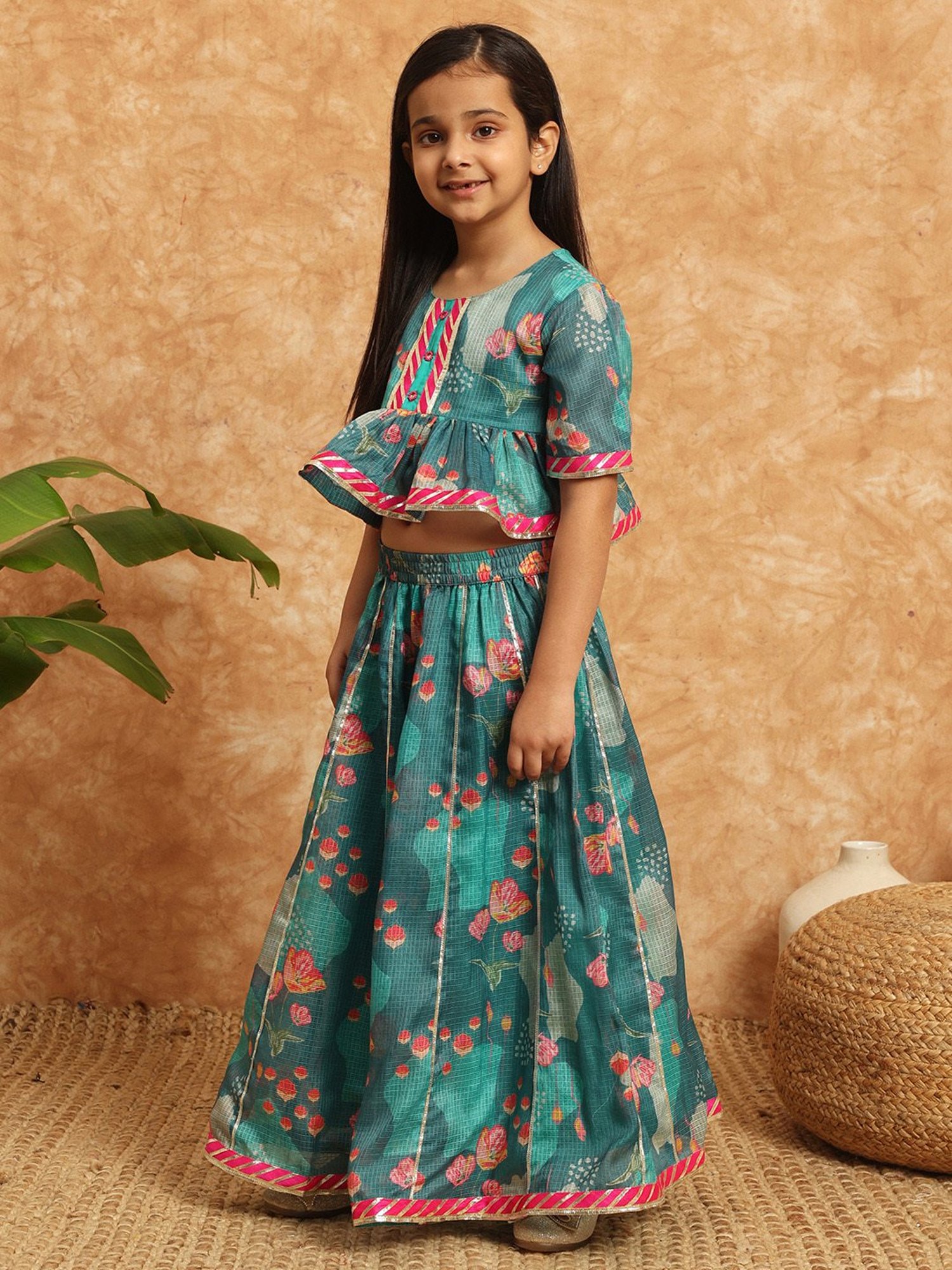 A Little Fable Kids Blue Printed Lehenga with Choli & Dupatta