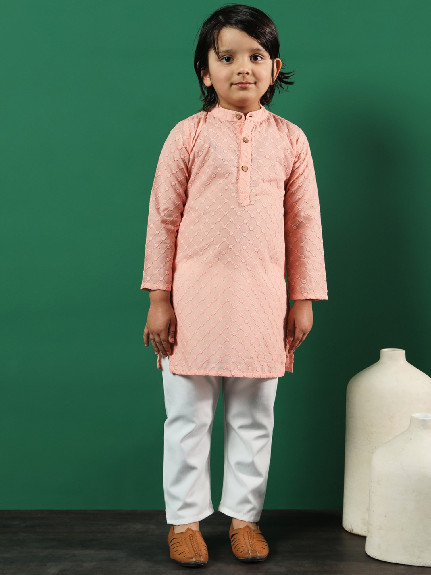 READIPRINT FASHIONS Kids Peach & White Embroidered Full Sleeves Kurta with Pyjamas