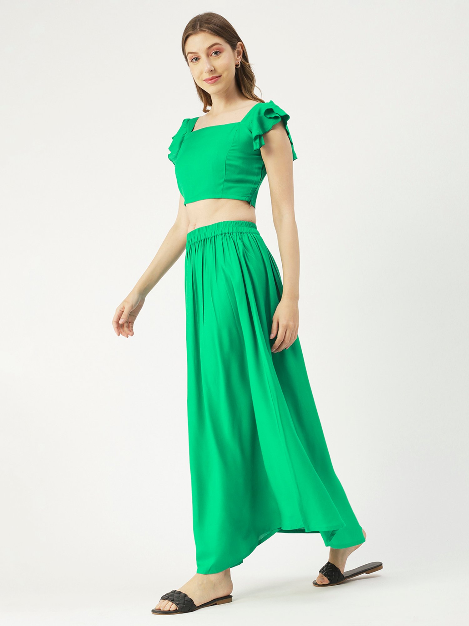 Moomaya Green Regular Fit Crop Top With Skirt