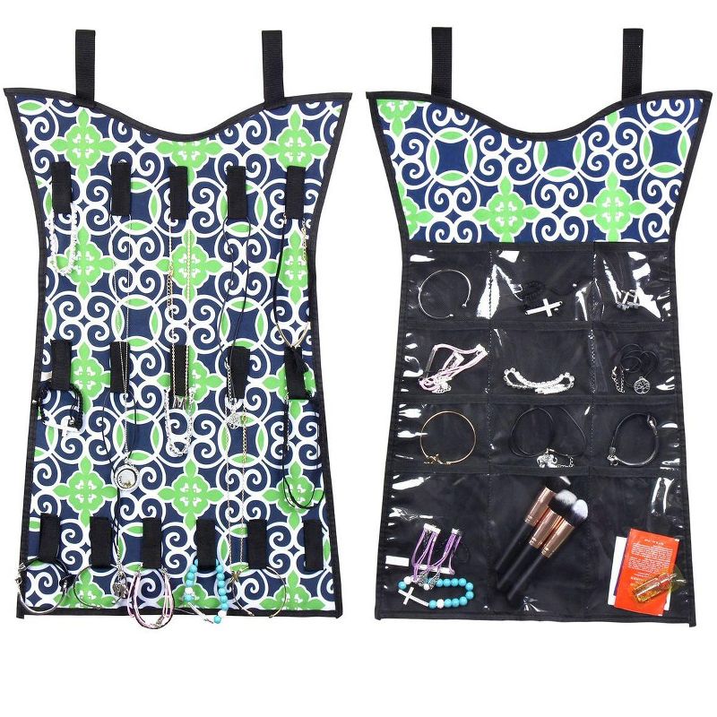 Zodaca Multifunctional Hanging Jewelry Organizer, Navy/Green Swirls