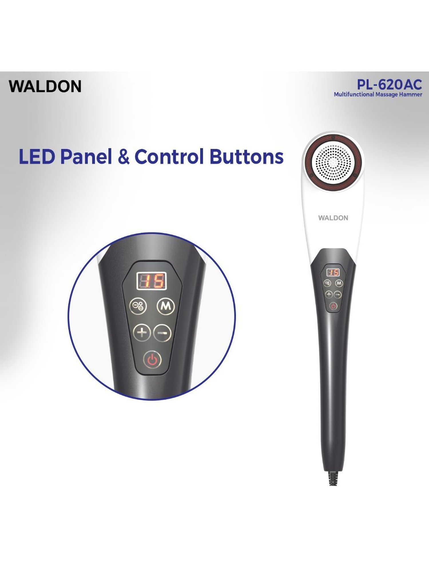 Waldon PL-620AC Corded Handheld Full Body Hammer Massager with 5 Massage Heads (Black and White)