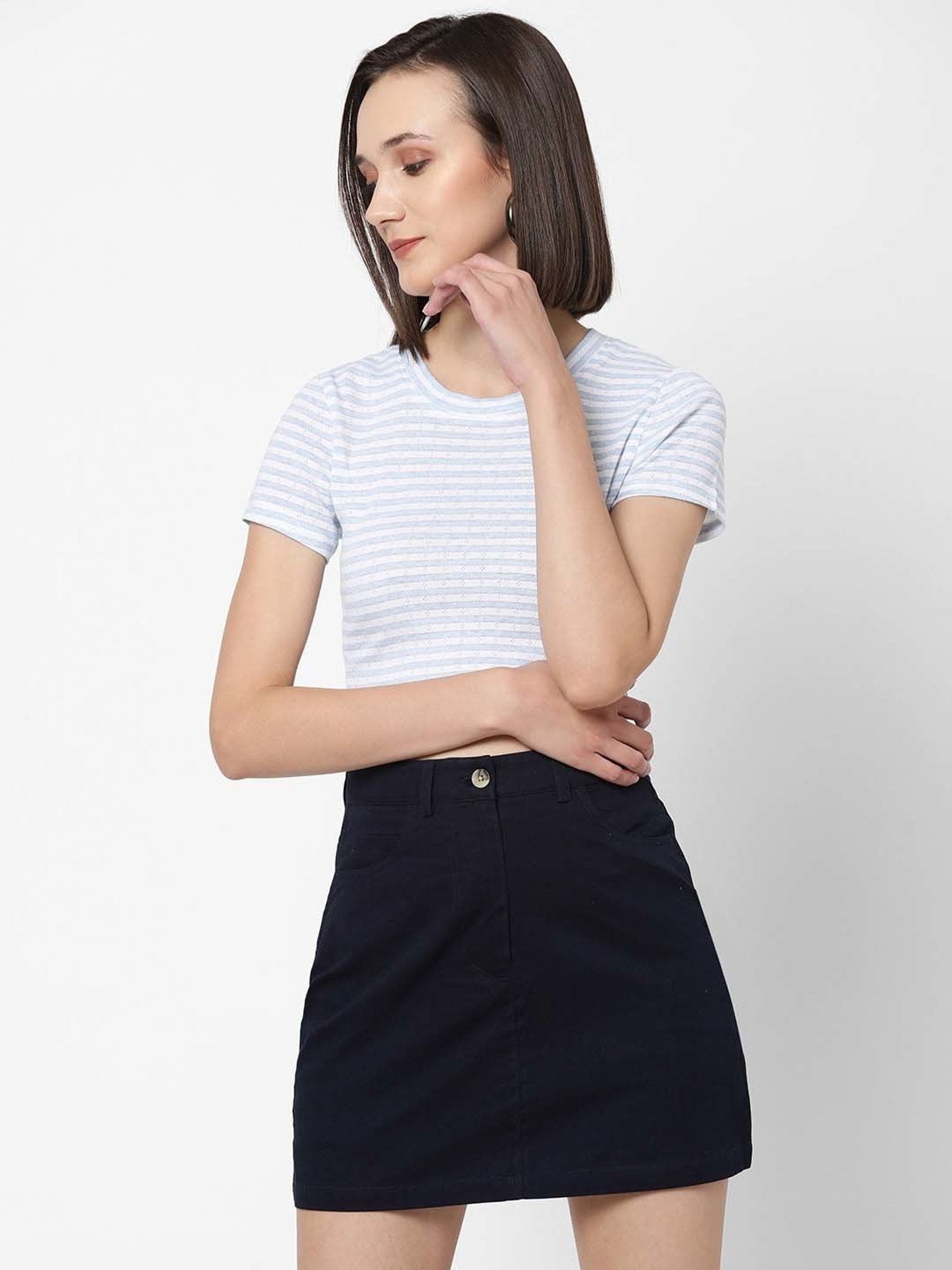 VASTRADO Blue Cotton Striped Crop Top