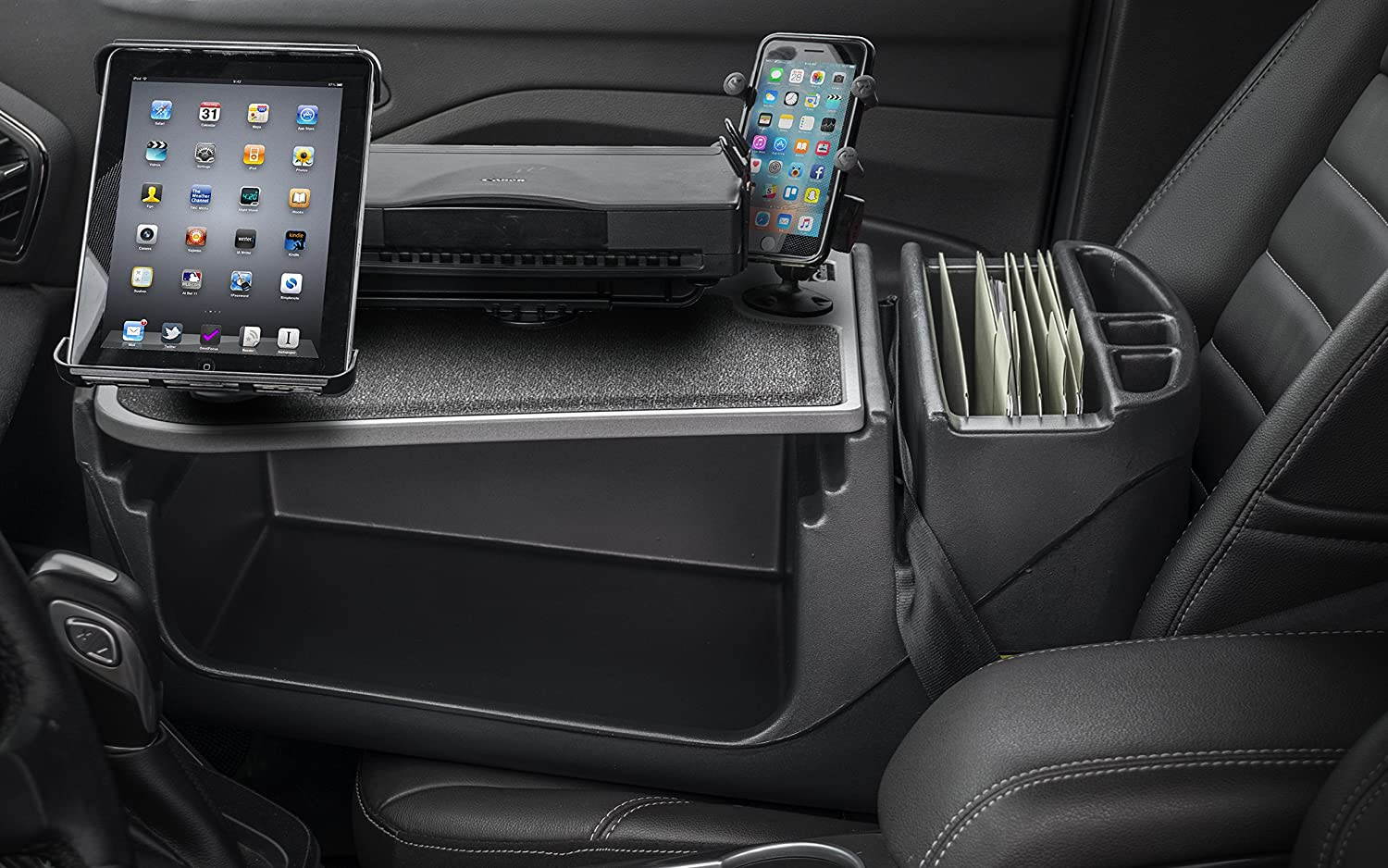 AutoExec AUE09100 Efficiency GripMaster Car Desk Grey Finish with Built-in 200 Watt Power Inverter, Phone Mount, Printer Stand and Tablet Mount 

AESGrip-02-09