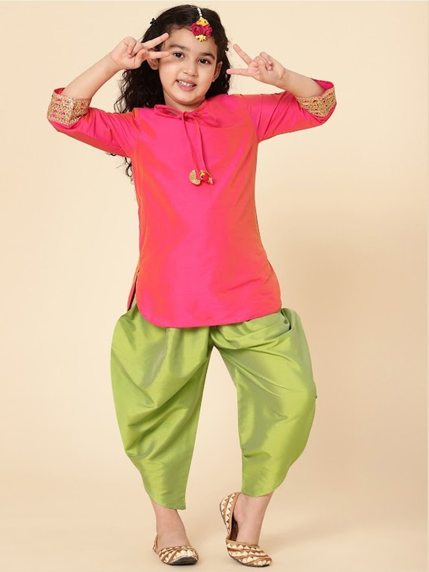 A.T.U.N. Kids Pink & Green Regular Fit Full Sleeves Kurta Set