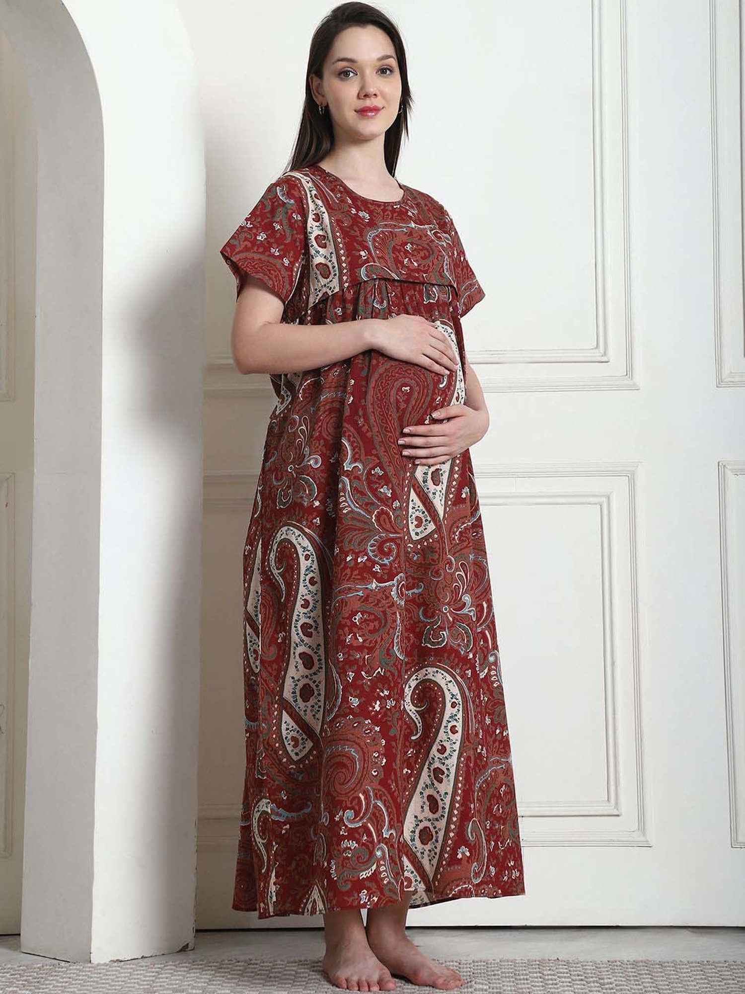 Secret Wish Brown Cotton Printed Straight Nighty