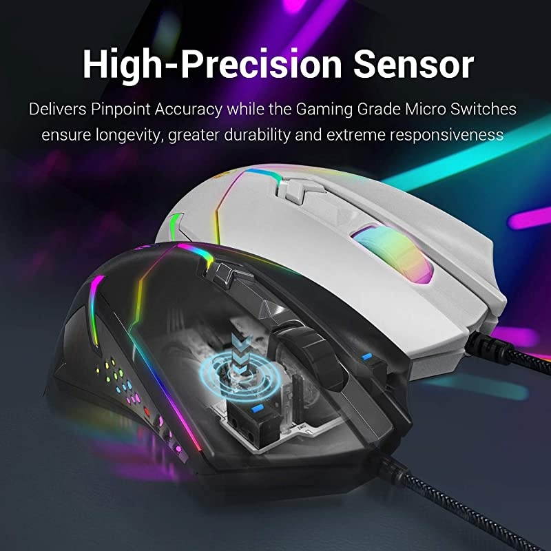 M601 RGB Gaming Mouse Backlit Wired Ergonomic 7 Button Programmable Mouse Centrophorus with Macro Recording amp Weight Tuning Set 7200 DPI for Windows PC Black