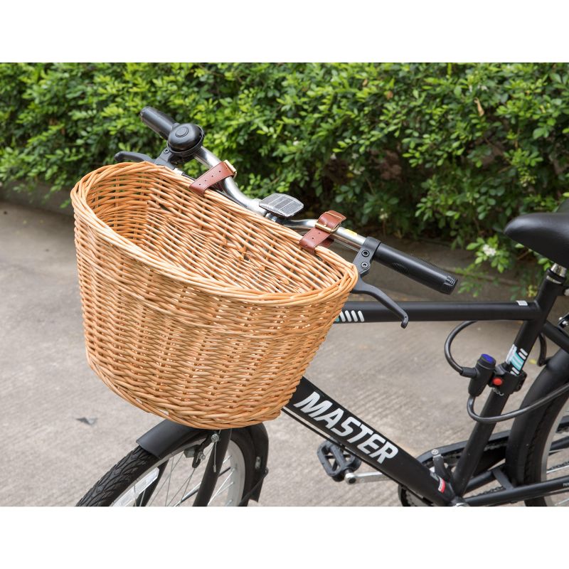 Vintiquewise Wicker Front Bike Basket with Faux Leather Straps