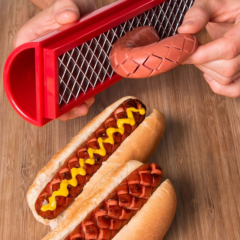 SLOTDOG Hot Dog Crisscross Cutter Slicer Press Gadget Cooking Tool for BBQ Grilling, Helps Keep Sauces & Condiments on Hotdog, Red