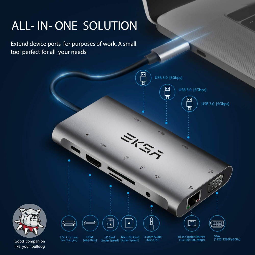 USB C Hub, 11 in 1 USB C to HDMI Adapter with 1000M Ethernet, 4K HDMI, 1080P VGA,Power Delivery PD Charging Port, 3 USB 3.0 Ports Adapter Compatible for MacBook Pro, ChromeBook, XPS, and USB C Devices