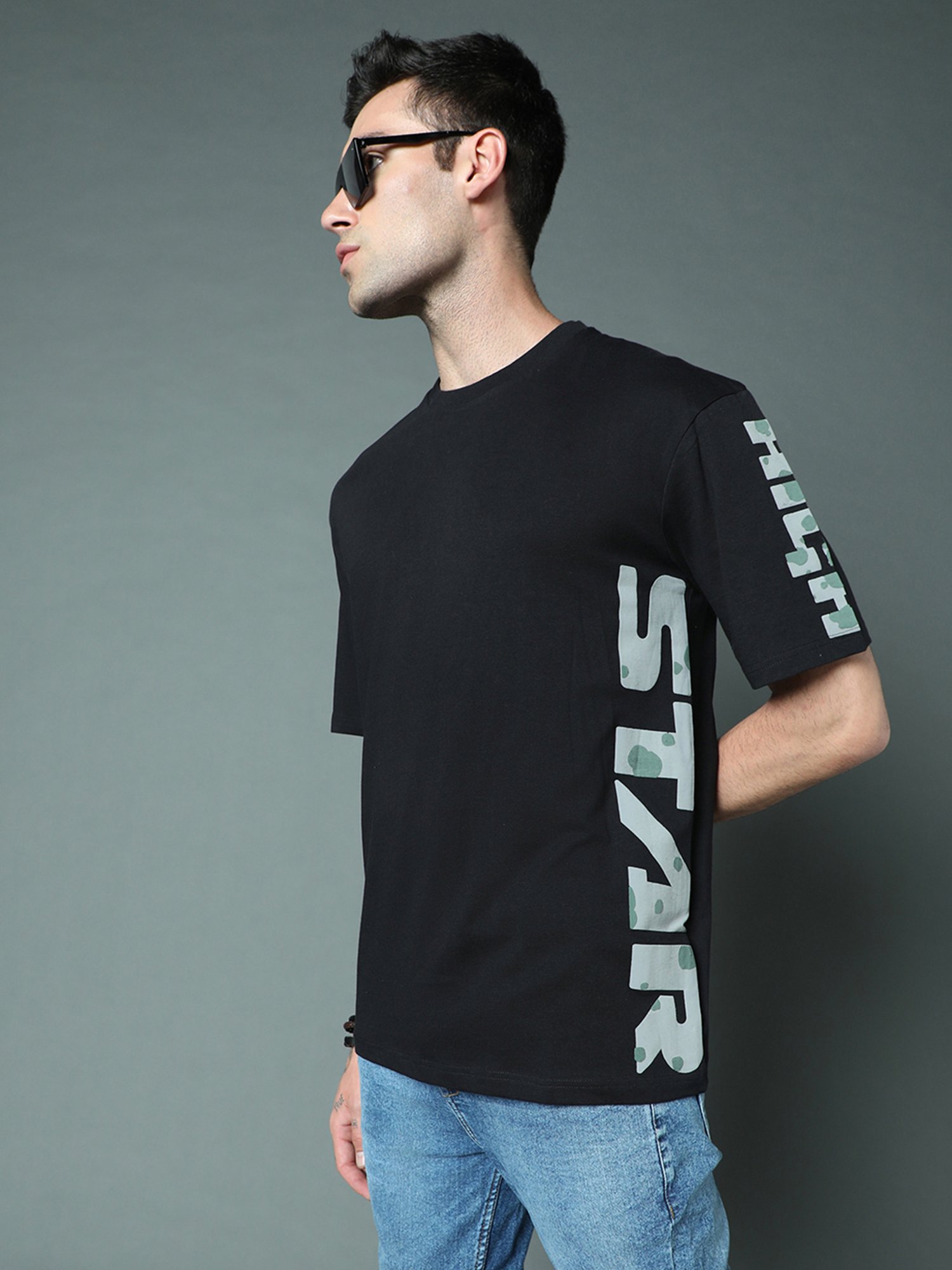 High Star Black Relaxed Fit Printed Crew T-Shirt