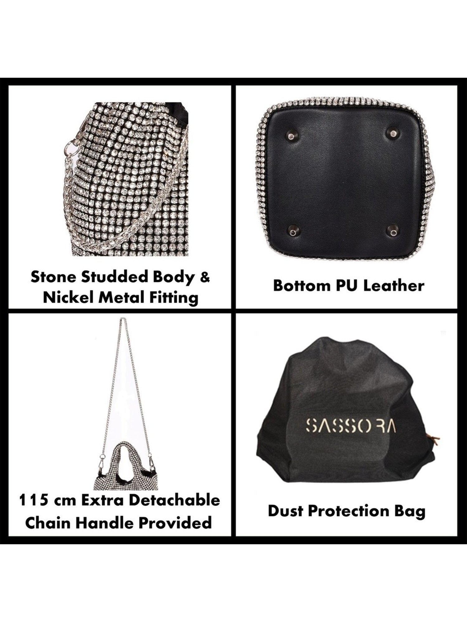 SASSORA RIM Silver Leather Embellished Medium Handbag