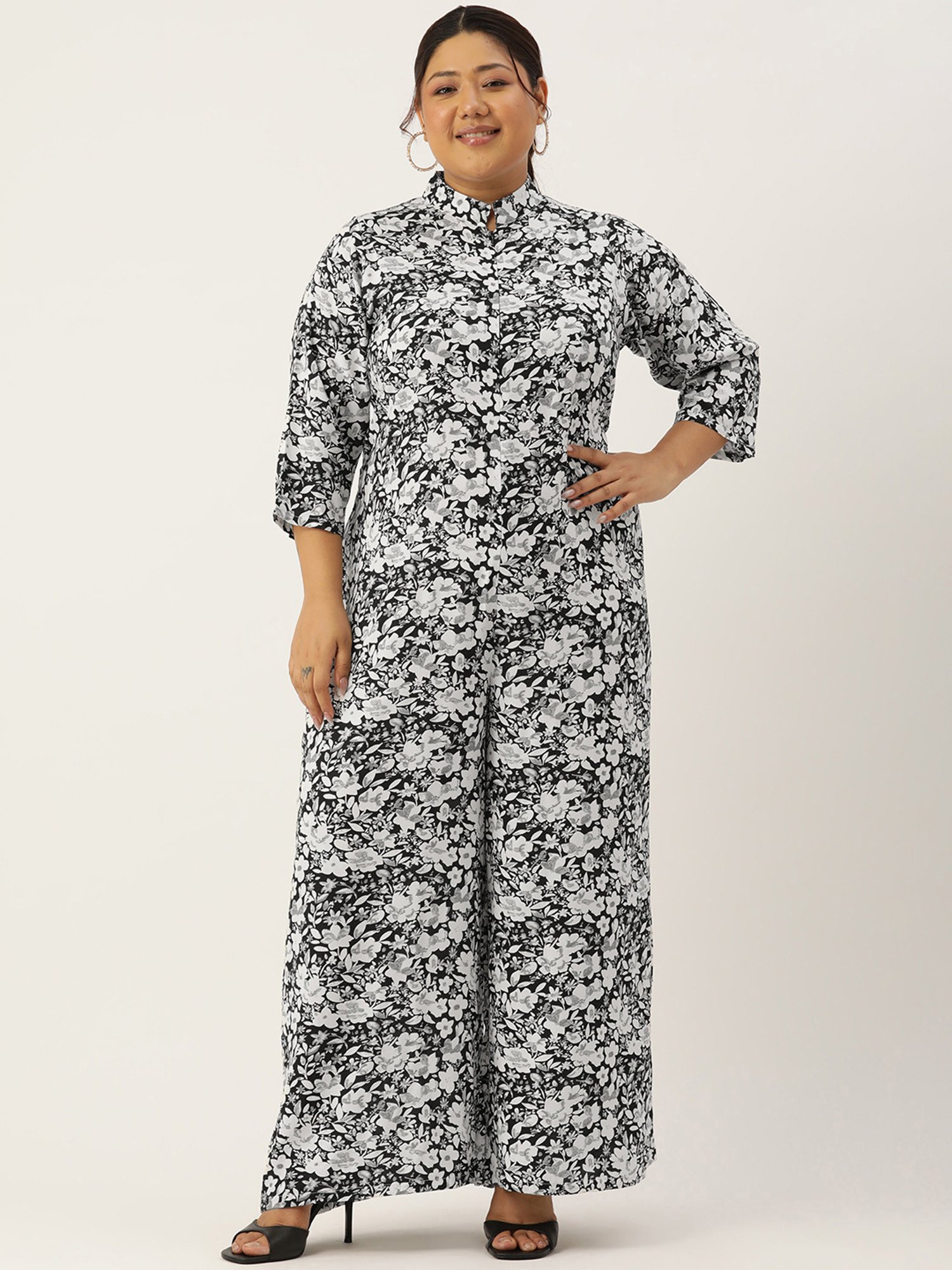 theRebelinme Black & White Floral Print Plus Size Jumpsuit