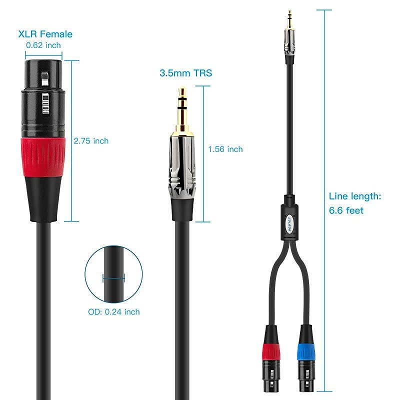 Dual XLR Female to 3.5 mm TRS Stereo Microphone Cable, 2 XLR Female to 1/8 inch TRS Stereo Y Splitter Patch Cable, 6.6 Feet